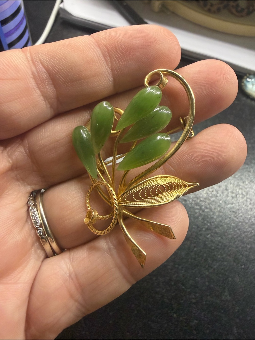 Mid Century Gold-Tone Brooch with Jade